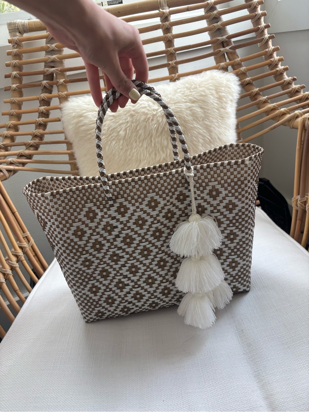 Handwoven Brown & White Tote Bag with Tassel Accent